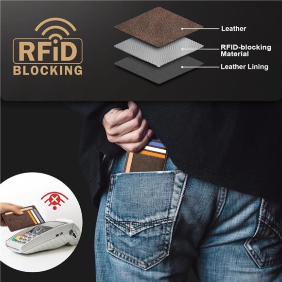 Mens Slim Leather Wallet RFID Front Pocket Minimalist Credit Card Holder Medium - Picture 6 of 7